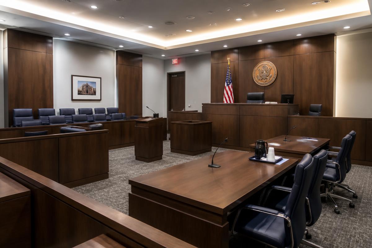 Modern courtroom with judge's bench, jury box, and counsel tables